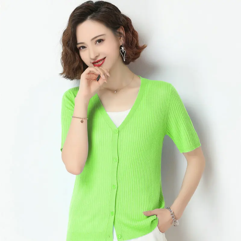 

Summer Women Thin Woolen Soft Cardigan Sweaters Pink Green Black Blue White Soild Bright Colour V-neck Short Sleeve Knitted Coat