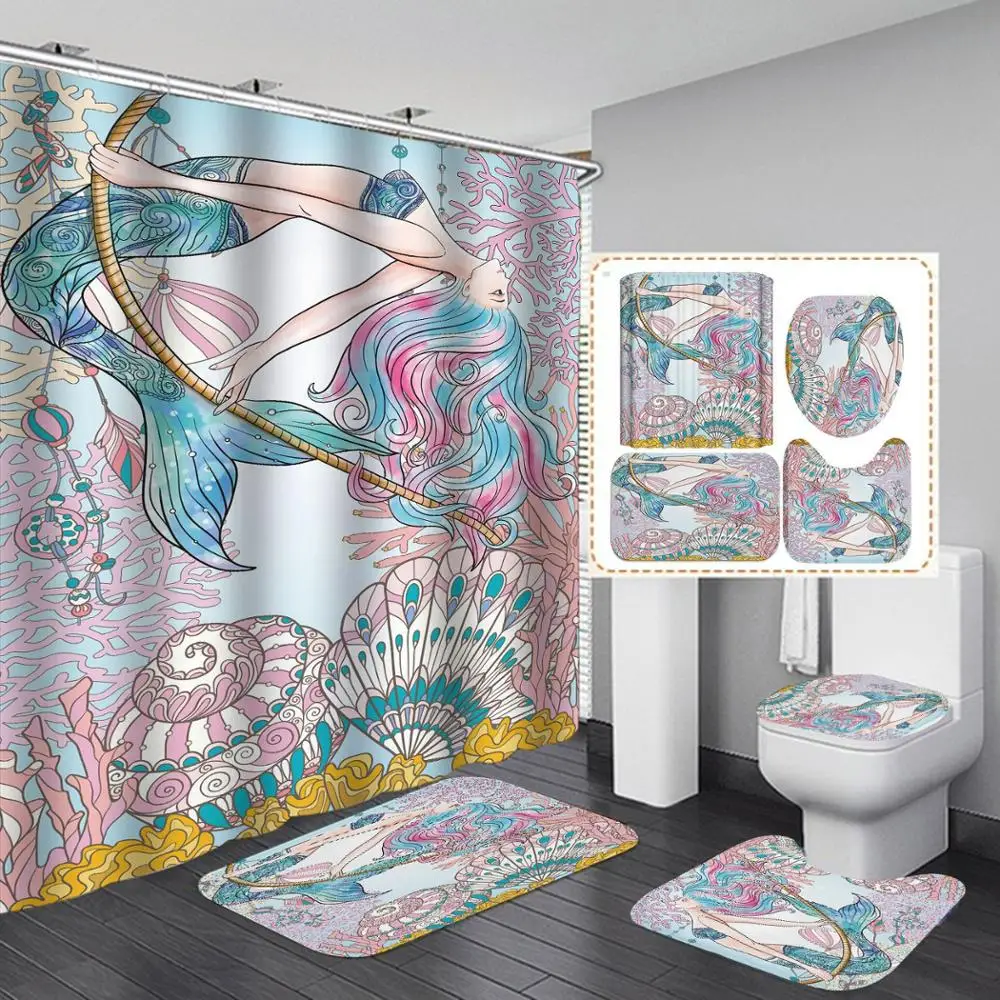 Красивые полосы печати занавески для душа 4 шт. ковровое покрытие Туалет крышка для ванной коврик набор ванной занавески с 12 крючками