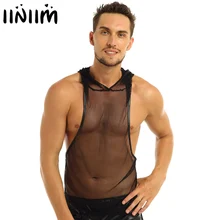 Черный мужской прозрачный сетчатый ажурный жилет с капюшоном без рукавов с вырезами на плечах эластичный Топ на бретелях Сексуальные вечерние Клубные костюмы