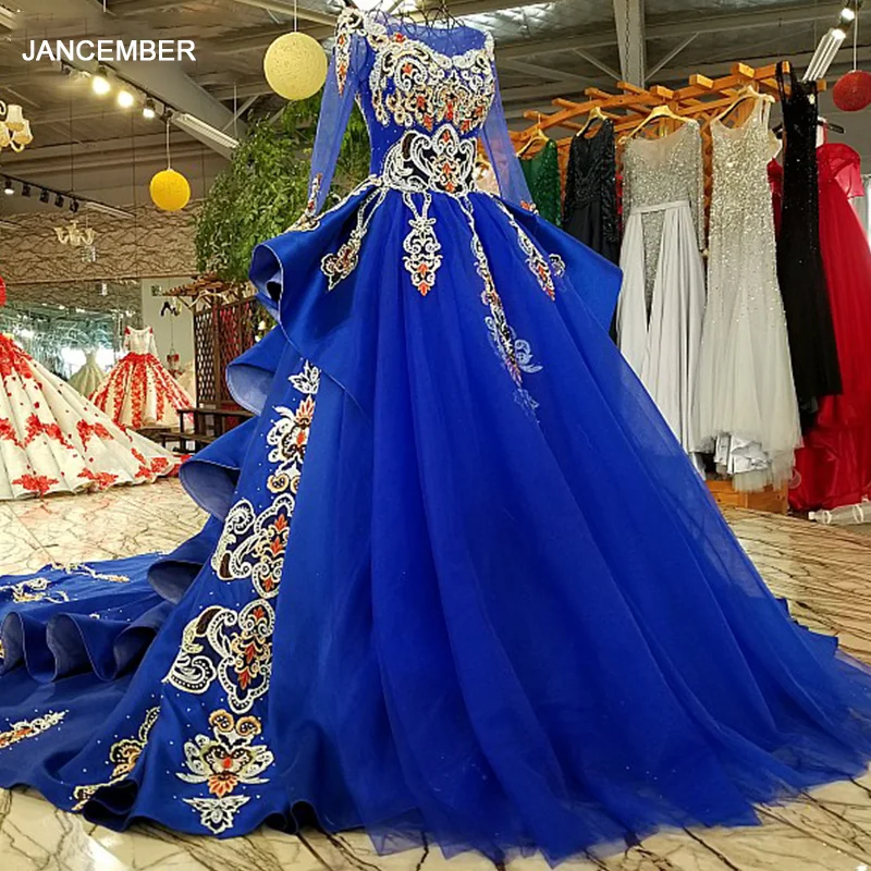 LS32990-1 royal blue evening dress long sleeve O-neck ball gown lace up back formal evening dress with train as photos 2018 1