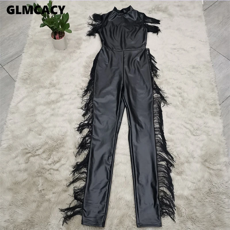 Women Sleeveless Fringed Tassels Detail Jumpsuits Sexy Party Clubwear Classy Chic Ladies Streetwear Black PU Leather Jumpsuit