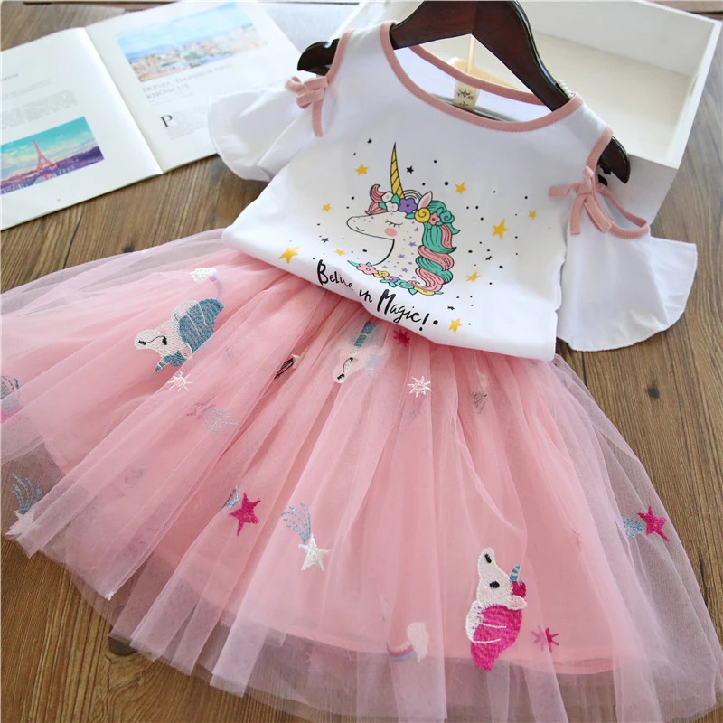 White Unicorn Dress Vgiee/платье для девочек с единорогом комплект одежды из 2 предметов, одежда для малышей Летние Детские платья для девочек 3 лет, вечерние платья - Цвет: White Unicorn Dress