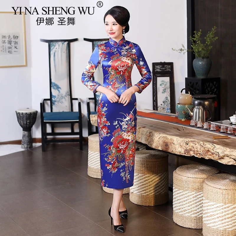 Chinese Traditional long Cheongsam Improved Women Performance Banquet Dress Sexy Tight qiapo Retro Cheongsam Satin Tight Dress