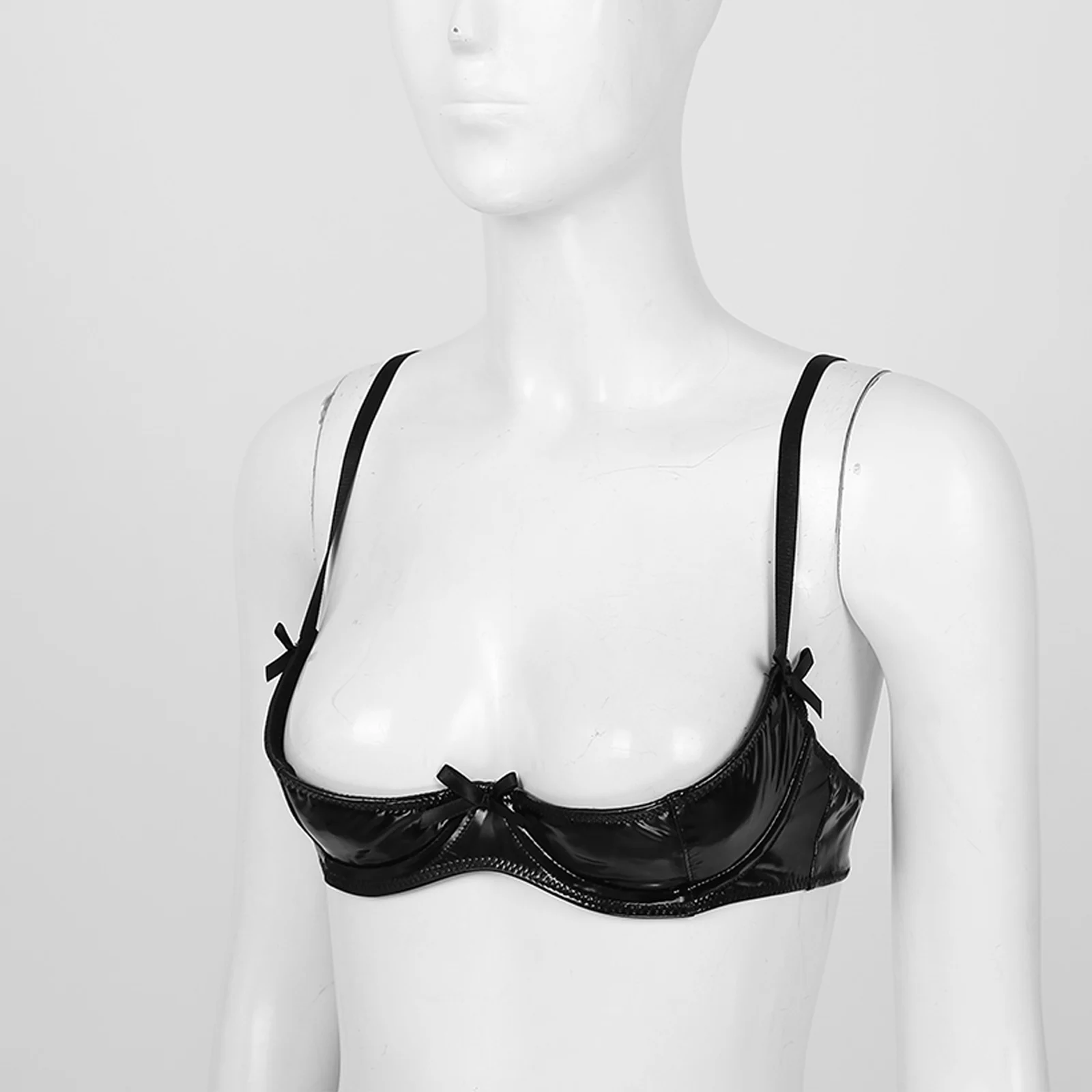 Women Sexy Open Cup Bra Tops Wet Look Patent Leather Exposed Nipples Unlined Underwire Brassiere Lingerie Underwear Nightwear