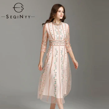 

SEQINYY Beige Dress 2020 Summer Spring New Fashion Design Women 3/4 Sleeve High Quality Flower Embroidery Mesh Mid Elegant Dress