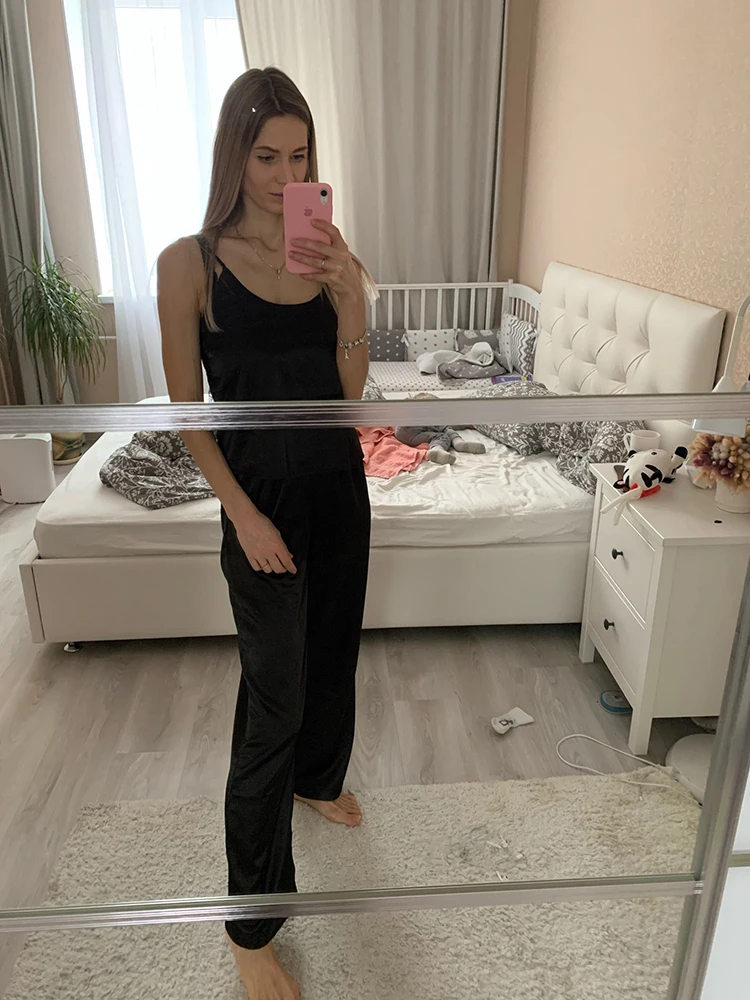 Backless Female Set 2 Pcs Satin Sexy Pajamas Black Lace Pajamas With Pants Loose Spaghetti Strap Sleepwear Women Sets Suit