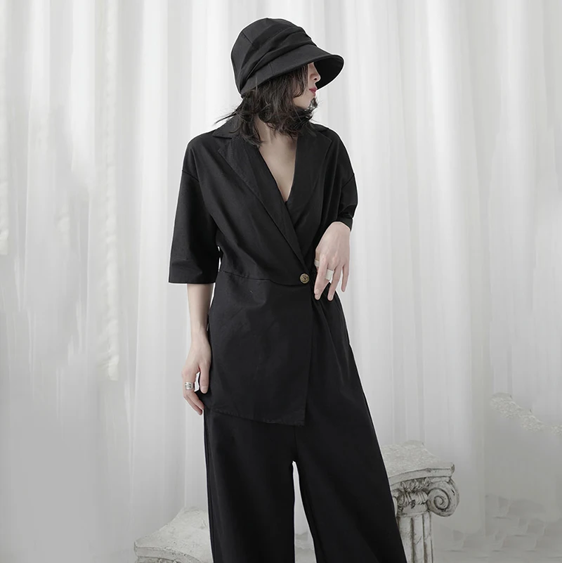 [EAM] Loose Fit Women Black Brief High Waist Irregular Long Bgi Size Jumpsuit New Pants Fashion Spring Autumn 2020 1U959