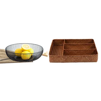 

1 Pcs Nordic Creative Minimalist Fruit Basket & 1 Pcs Handmade Straw Woven Storage Box Sundries Cosmetics Natural