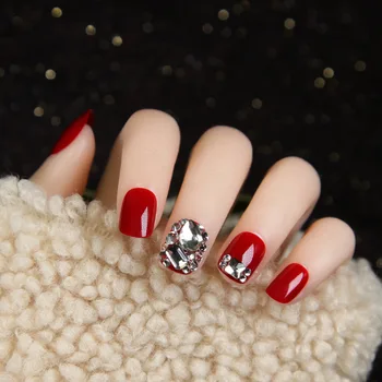 

24pcs Short Wearable Diamonds Red Bridal Square Head Fake Nail Patches Wedding Rhinestones false nails with designs for girls
