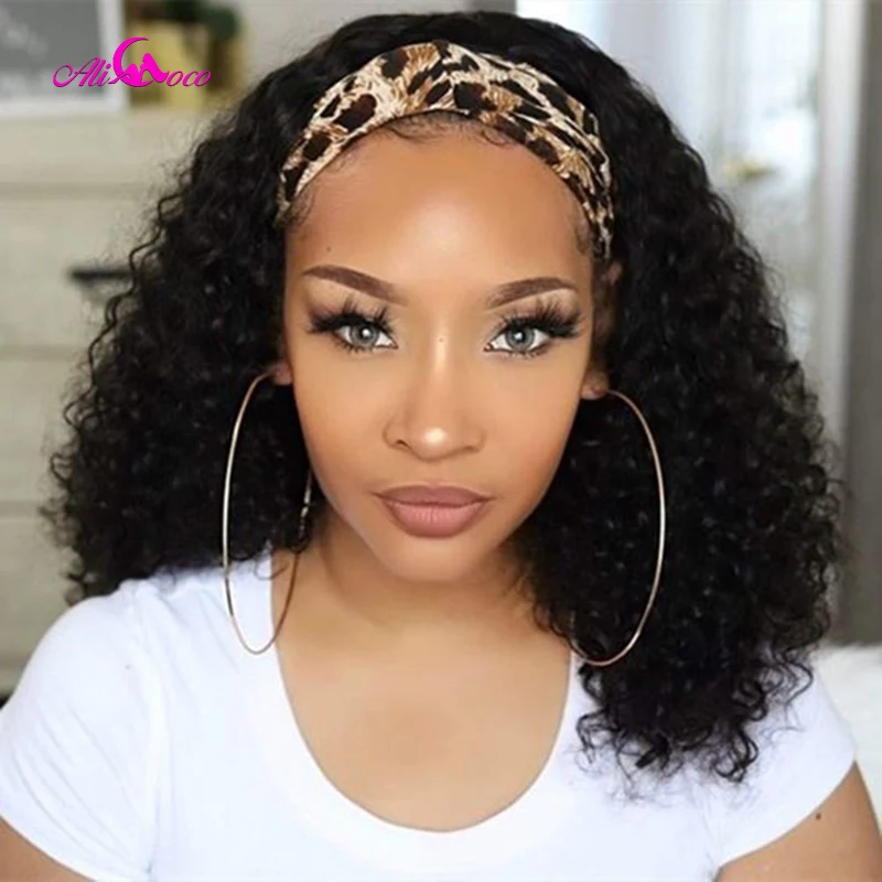 Afro Curl Human Hair Wig For Black Women Chocolate Brown Colored Curly Headband Wig 200 Density Curly Human Hair Wig Ali Coco