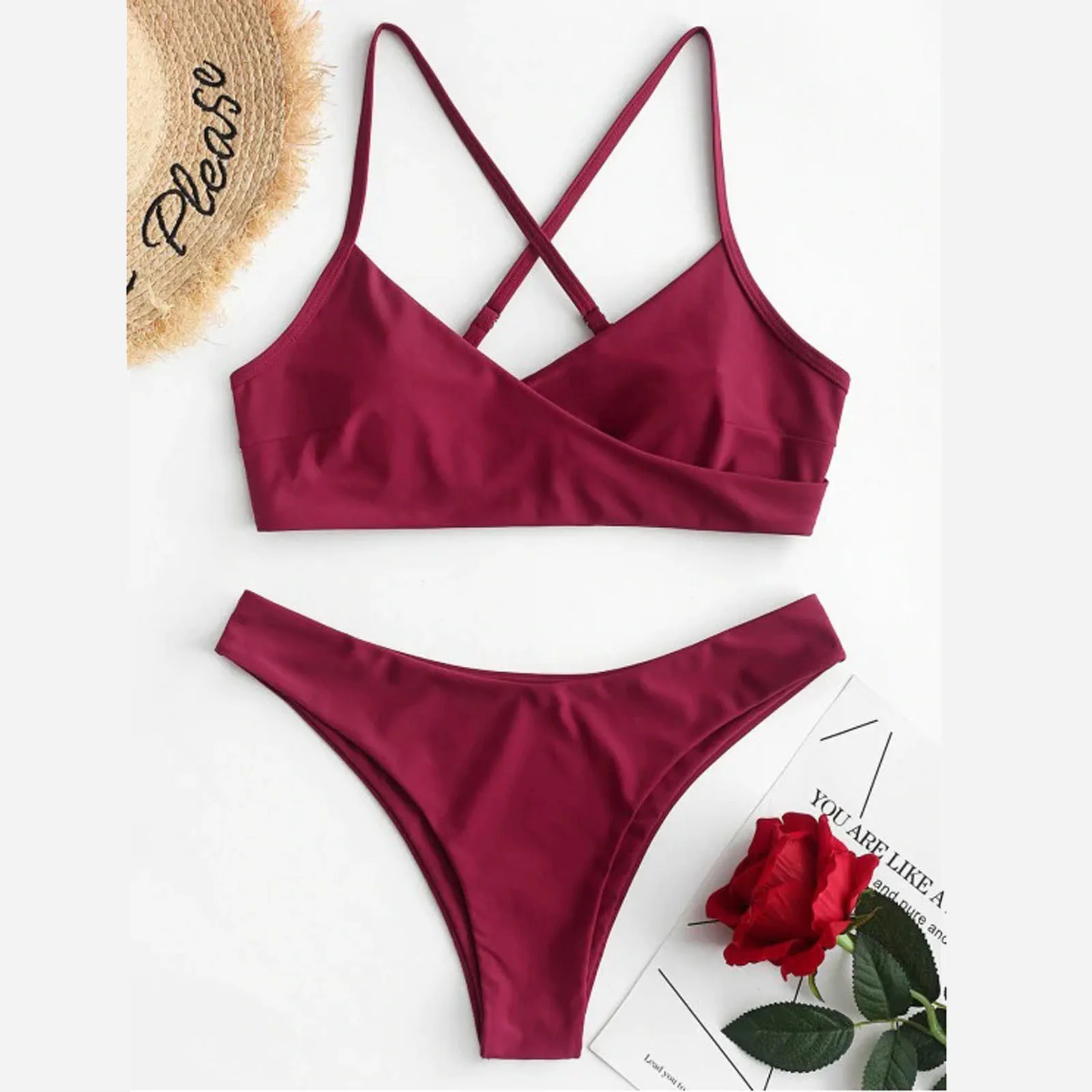 Women Two Piece Bikini Set Ladies Summer Solid Color Sexy Split Sets