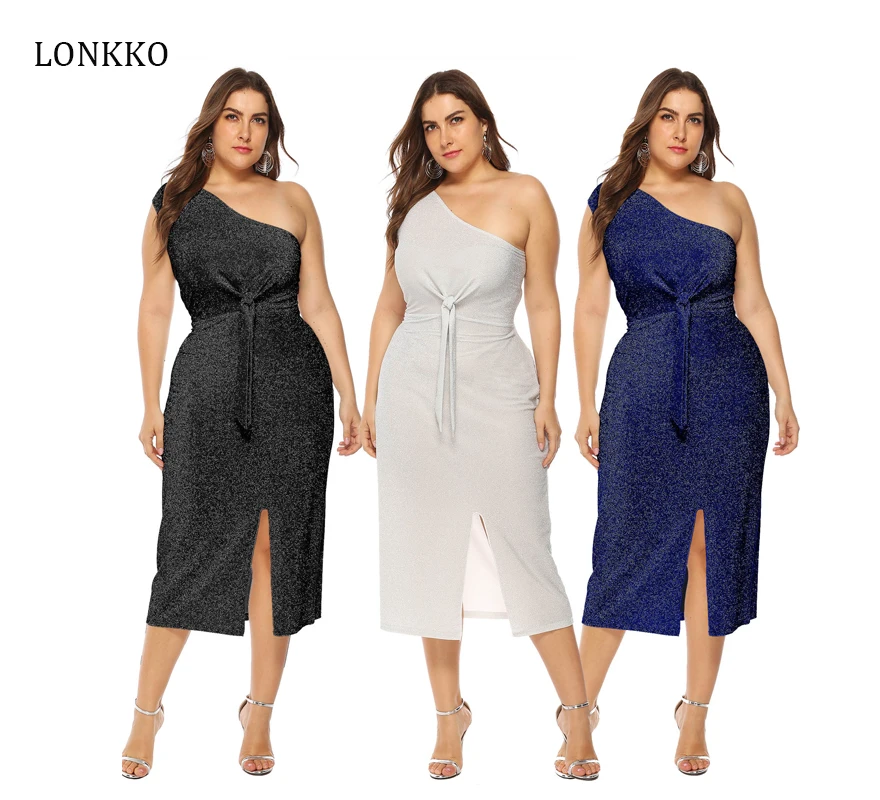

LONKKO Plus Size Glitter Sexy One Shoulder Dress Elegant Midi Dress Women 2019 Solid Slim Party Asymmetrical Dresses