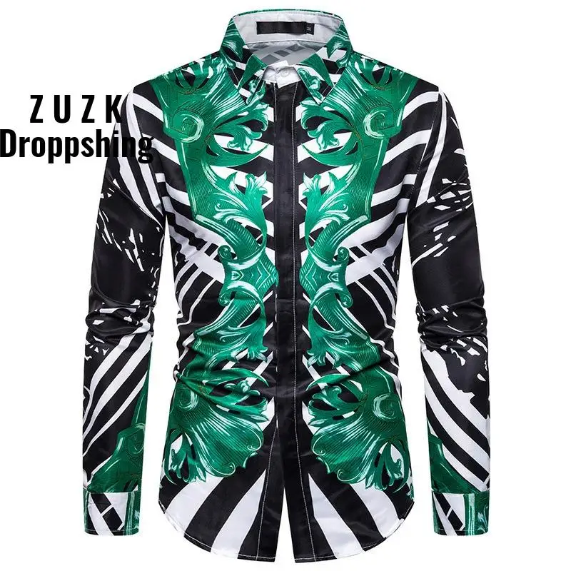 European And American Fashion Green Pattern 3D Printed  Camisa Masculina  Shirt