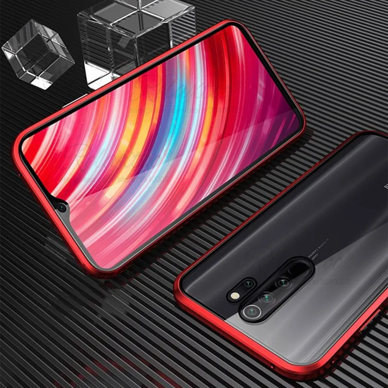 Роскошный двусторонний стеклянный металлический магнитный чехол для xiaomi redmi note 7 8 pro Чехол для телефона Магнитная крышка 360 полная защитная оболочка 9H - Цвет: Red-Transparent