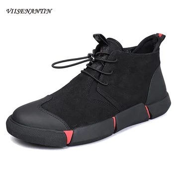 

Men's Trendy Shoes, Autumn Winter Korean Fashion Genuine Leather High-top Casual Shoes Lace-up Flat Loafers Mujer Pisos sneakers