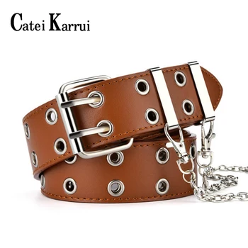 

Catei Karrui Grommet Belt for Women Leather Double Prong Buckle Genuine Leather Vintage Punk Rock Jeans Belts