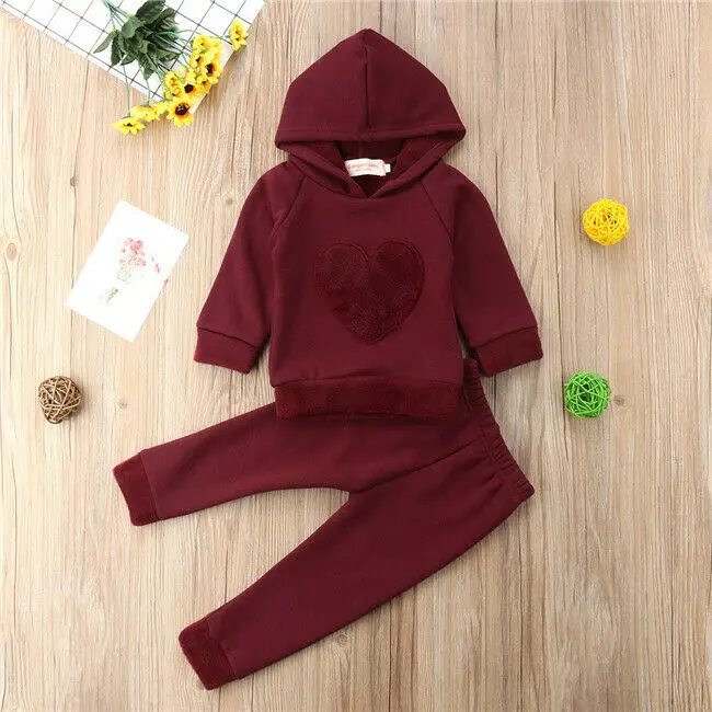 2Pcs Newborn Toddler Baby Boys Girl Red Heart Sunsuit Set Kids Girls Cotton Hooded Sweatshirt Tops Long Pants Outfit Set Clothes