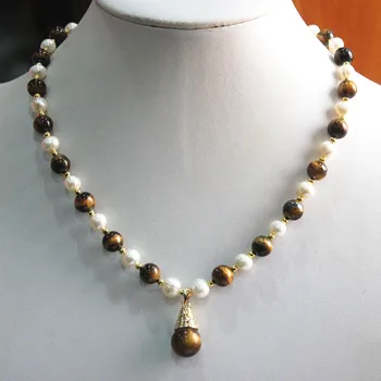 

simplest fashion design jewelry! wholesale/retail 8mm white shell pearl and tiger eye stone necklace pendant