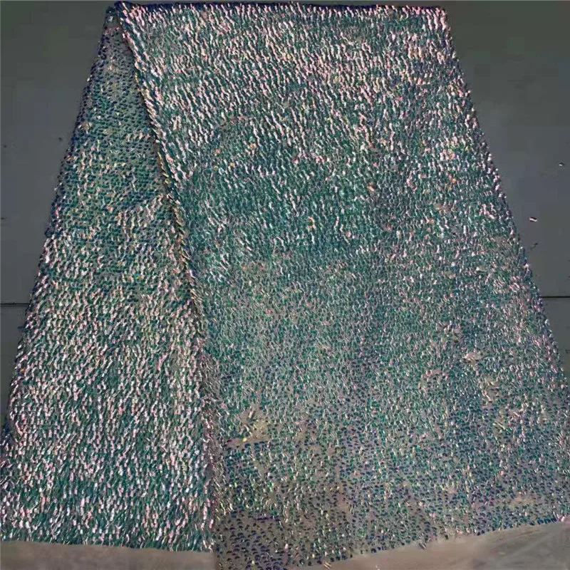 

2019 Wholesale luxury quality African lace fabric with sequins 5 yards green France sequins lace fabric for party dress material