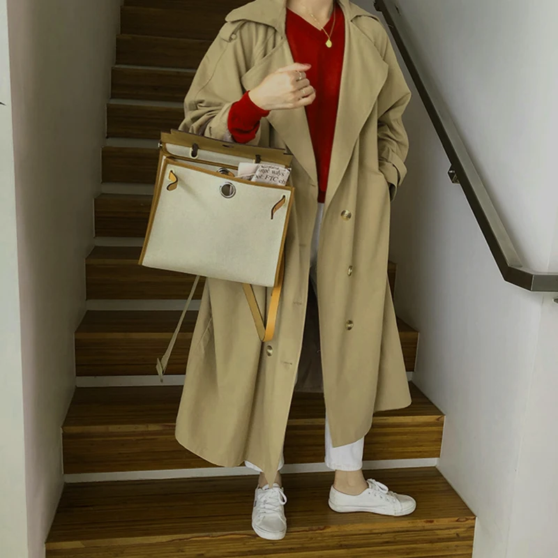 Autumn Double Breasted Trench Coat Loose Full Sleeve Pockets Cotton Women's Long Windbreaker Beige Sashes Chic Femme | Женская