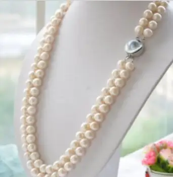 

Jewelry Free Shipping Charming 2row 9-10mm white akoya round white PEARL necklace 17-18inch AAA