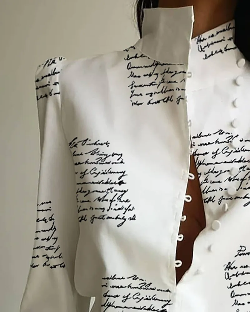  Stand Neck Letter Print Buttoned Shirt Women Long Sleeve Casual Blouse Tops