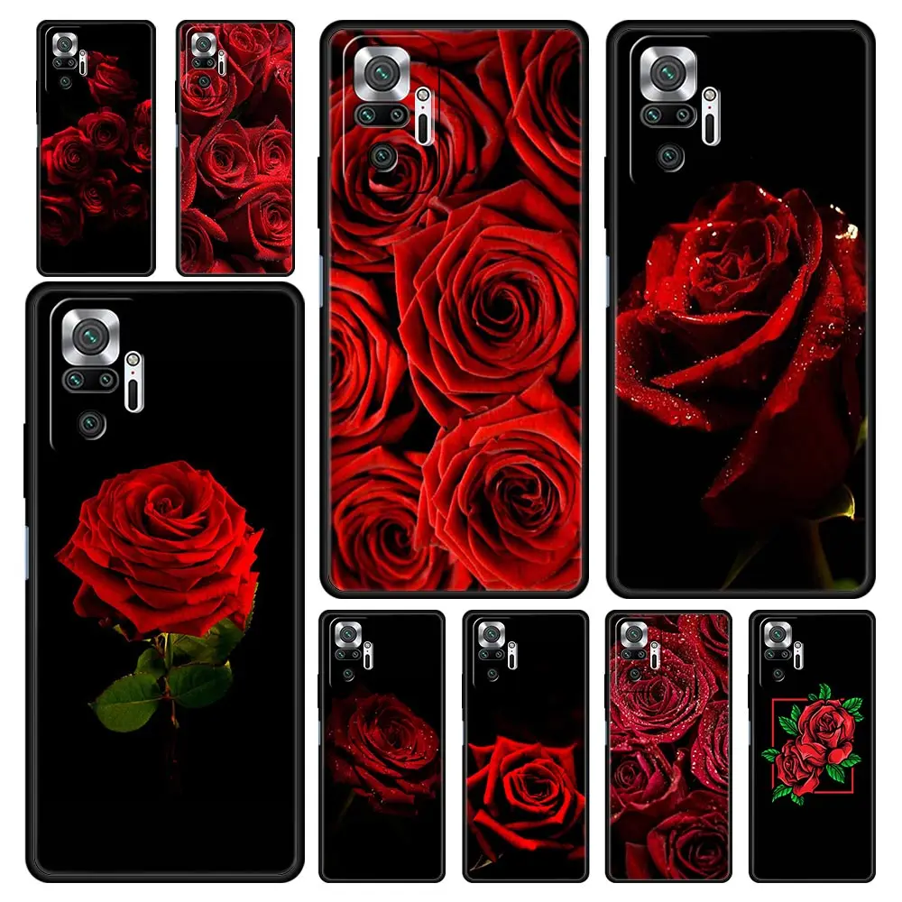 Ярко-красный чехол с цветами розы для Xiaomi Redmi Note 9S 9 8 11 10 Pro 7 8T K40 9C 9A 7A 8A черный