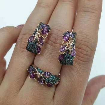

Newest Arrival Fashion Purple Color Zircon Leaf Shape Ring Exquisite Earrings Bohemian Women's Wedding Jewelry Gift Wholesale