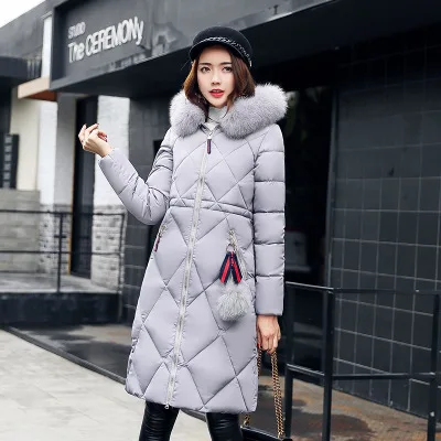Большое меховое зимнее пальто, утолщенная парка, женское простроченное тонкое длинное зимнее пальто, пуховое хлопковое женское пуховое пальто, пуховик для женщин - Цвет: Grey