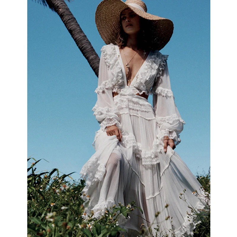 

2019 New Style Elegant White Floral Dress Long Sleeve V Neck Long Dress A-line Casual Celebrity Party Dress Vacation Beachwear