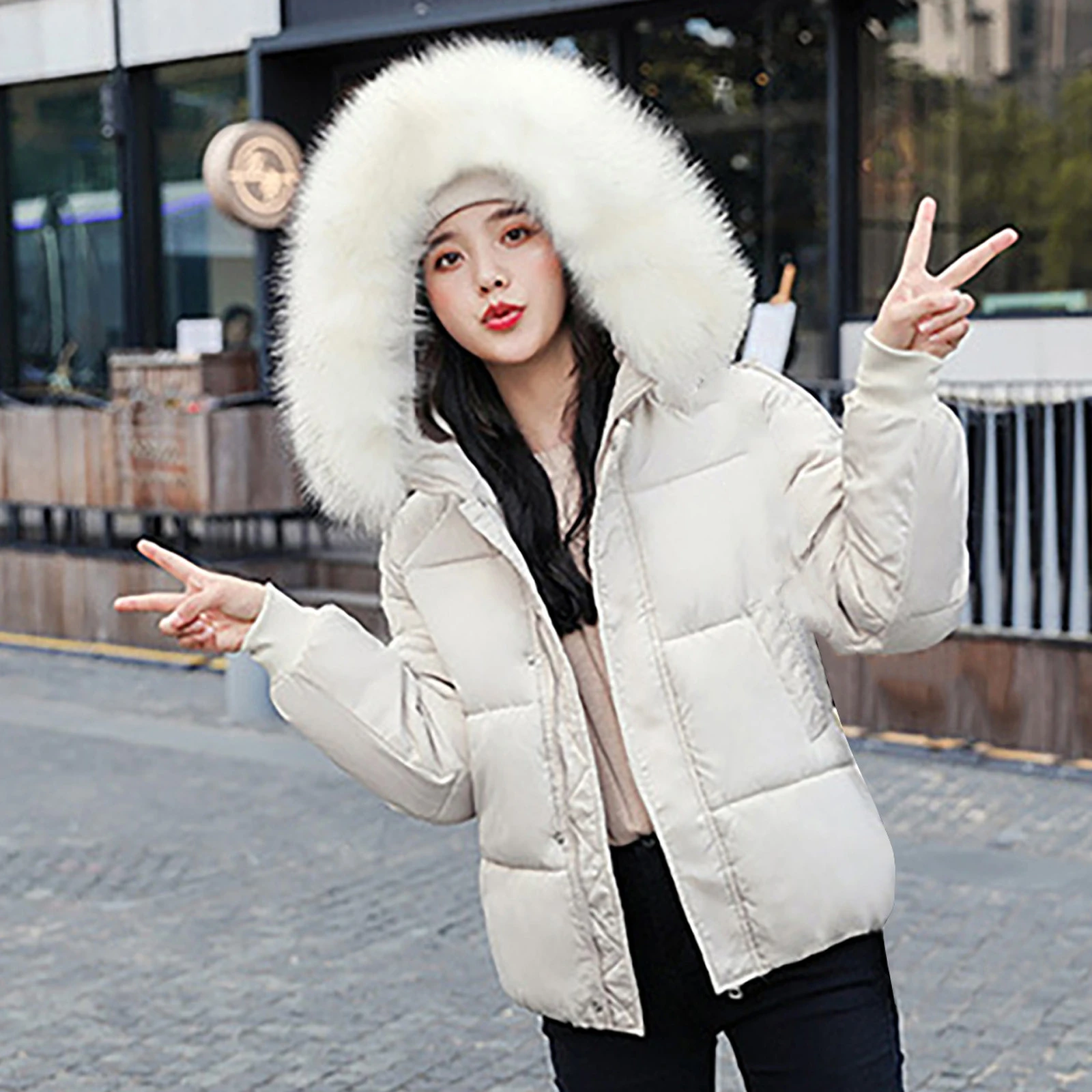 Hurrg Women Winter Hooded Loose Faux Fur Short Warm Quilted Padded Down Jacket with Pockets 