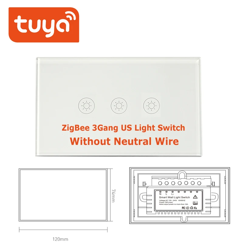 ZigBee 3Gang US Tuya ZigBee переключатель без нейтрального провода работает с TuYa ZigBee концентратор сенсорный переключатель наклейка Smart Life приложение управление питание от TuYa - Цвет: ZigBee 3Gang US