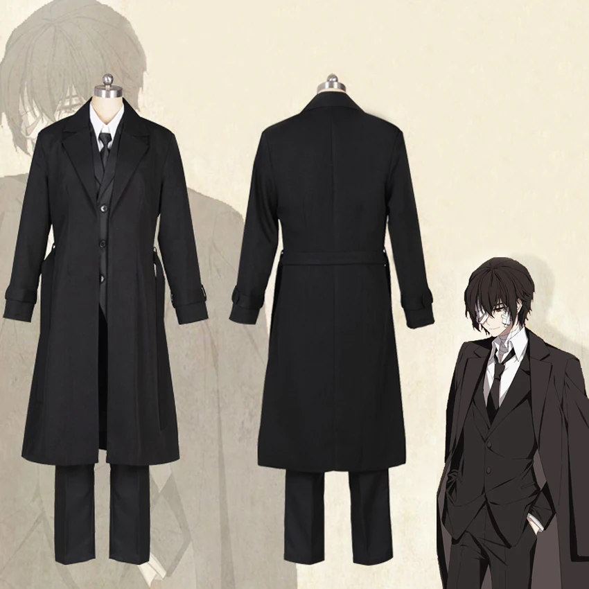 Anime Bungo Stray Dogs Dazai Osamu Black Trench Outfit Cosplay Costume Coat For Adult