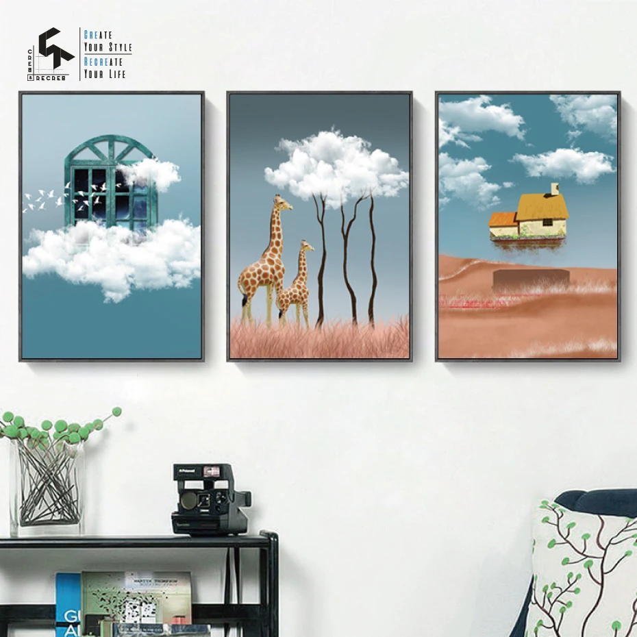 

CREATE&RECREATE Nordic Poster Cloud Deer House Posters And Prints Wall Art Canvas Oil Painting Decorative Pictures CR1810112018