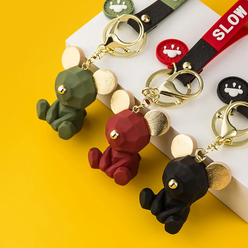 Cartoon 3D Resin Bear Golden Ear Doll Alloy Keychain Pendant Popular Cute Bag Phone Lanyard Men Women Car Key Ring Girl Boy Gift