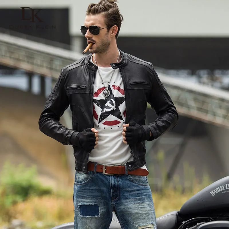 

Dusen Klein Motorcycle leather coats men Genuine Sheepskin Zipper/Slim Designer Fashion Autumn leather jacket Black 61U8189