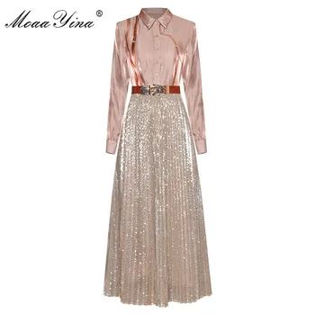 

MoaaYina Fashion Designer Set Spring Summer Women Long sleeve Print Shirt Tops+Mesh Sequins Skirt Two-piece suit