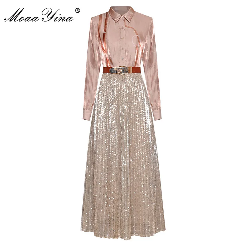 Moaayina Fashion Designer Set Lente Zomer Vrouwen Lange Mouwen Print Shirt Tops + Mesh Pailletten Rok Tweedelig Pak Moaayina Fashion Designer Set Lente Zomer Vrouwen Lange Mouwen Print Shirt Tops + Mesh Pailletten Rok Tweedelig Pak