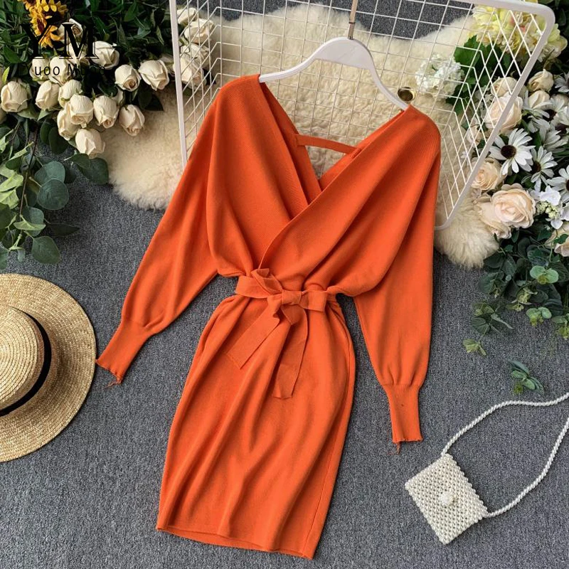 Prix YuooMuoo automne hiver femmes tricoté pull robe 2019 nouveau coréen à manches longues chauve souris col en V élégante robe dames Bandage robe