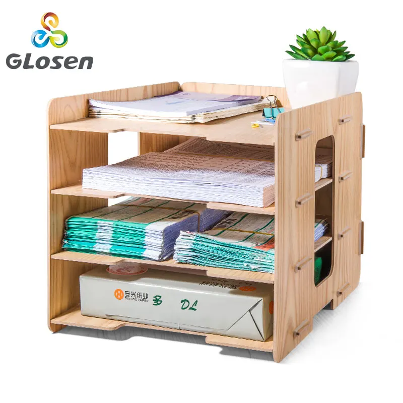 

DIY Wooden File Tray Four-layer File holder Data Desk File Box Office File bar Desktop Storage Box Glosen D9119