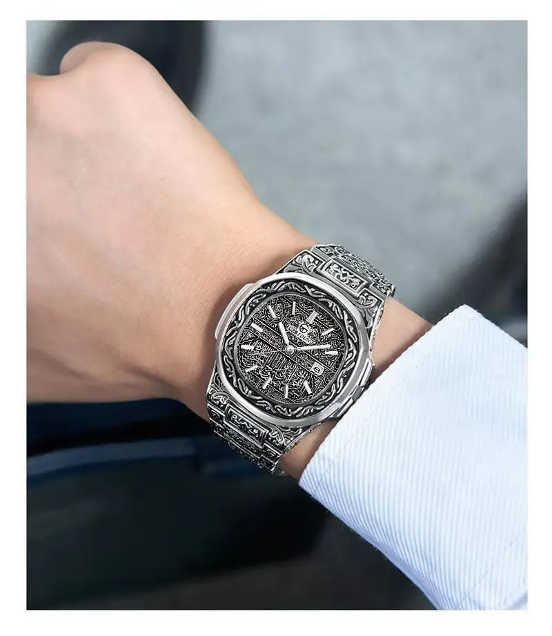Vintage Watch for Men Luxury Stainless Steel Fashion Simple Business Carved Gold Watch Calendar Men Auto Date Religio Masculino
