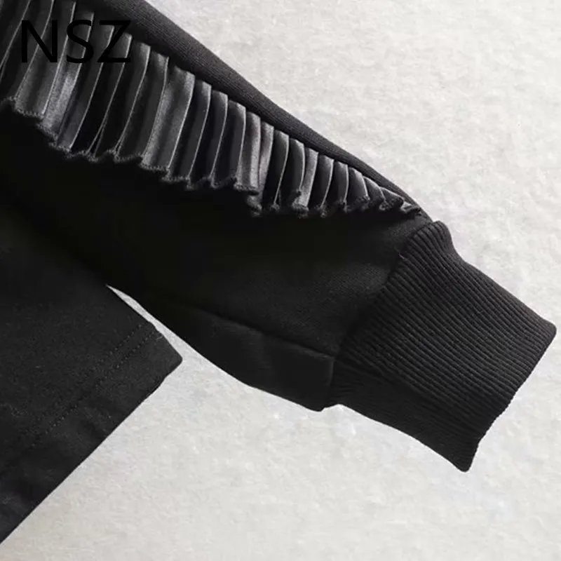 NSZ женская черная флисовая толстовка толстовки с длинным рукавом Круглый воротник плиссированные украшения пуловеры верхняя одежда Топ