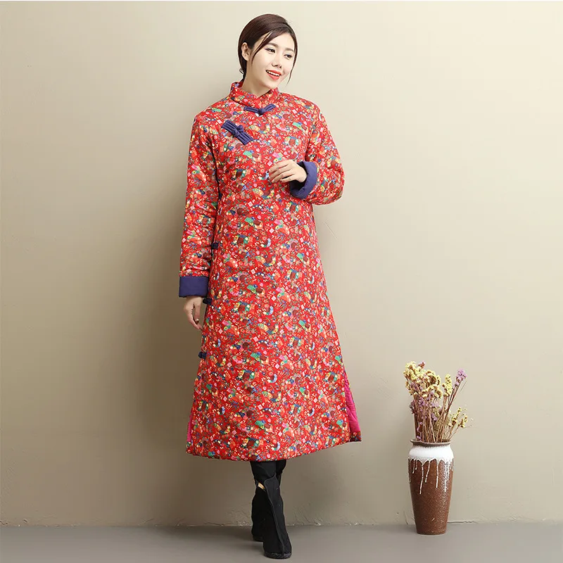 

2017 Winter Ethnic Women Jacket Cotton Linen Thick Long Vintage Printed Festive Chinese Red WOMEN'S Robe