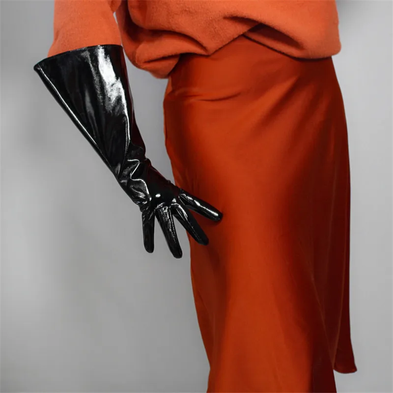 Лакированные длинные перчатки унисекс широкие из искусственной кожи воздушные шары с пышными рукавами большие белые 38 см WPU147 - Цвет: patent leather black