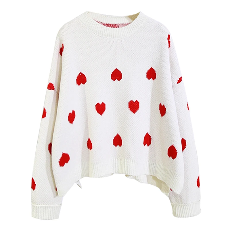 

PERHAPS U women white red o neck sweater knitted pullovers long sleeve Heart pattern loose autumn winter M0191