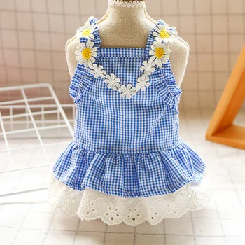 

Dog Dress Mini Blue Grid Sun Lace Skirt Spring Summer Pets Outfits Dog Clothes For Small Dog Party Dog Skirt Puppy Pet Costume
