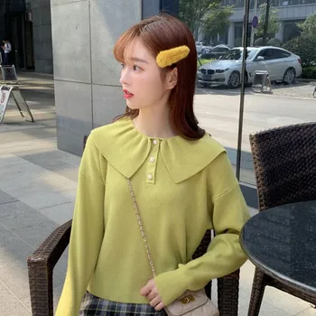 

Women Knit Top Sweet Pearl Button Sweater Doll Collar Casual Long Sleeve Sweater Women
