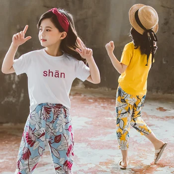 

Summer Girls Clothes Sets Baby Girl Short Sleeve Shirt Top+Pants 2Pcs Suits Kids Costume Leaf Print Children's Clothes 4-13Years