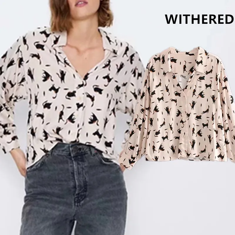 

Withered england vintage high street cat print loose kimono shirt women blusas mujer de moda 2019 blouse womens tops plus size