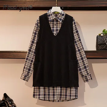 

XL-5XL Plus Size Women 2 Piece Set Clothes Autumn 2020 Long Sleeve Cotton Plaid Shirts and Loose Casual Knitted Sweater Vest